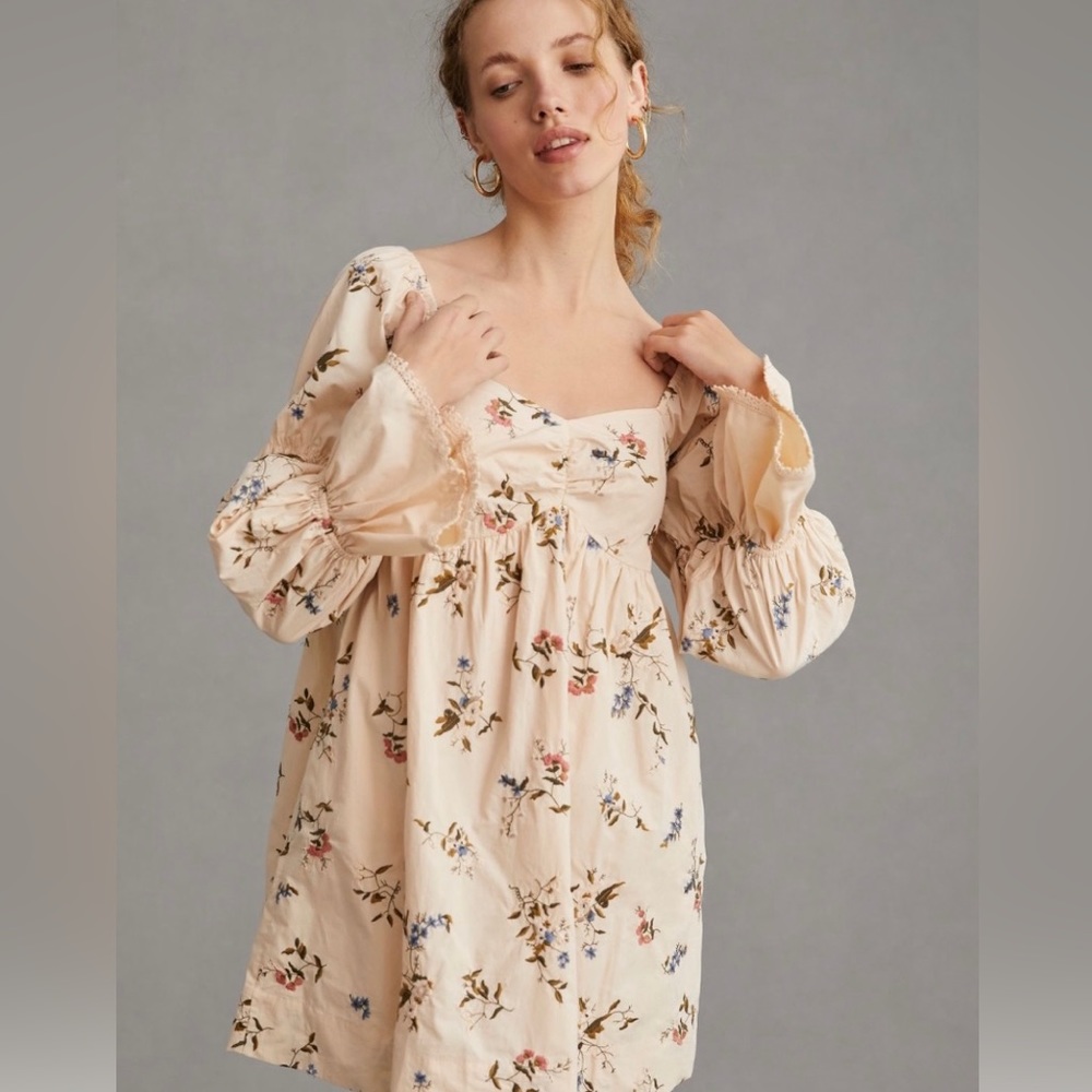 By Anthropologie Long-Sleeve Embroidered Mini romantic Dress